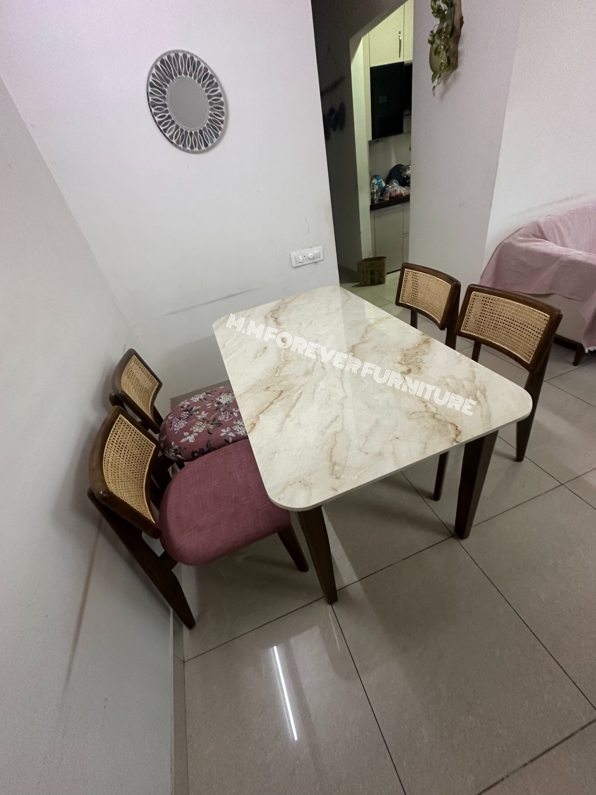 WOODEN DINING TABLE WITH MARBLE TOP MADE IN TEAK WOOD